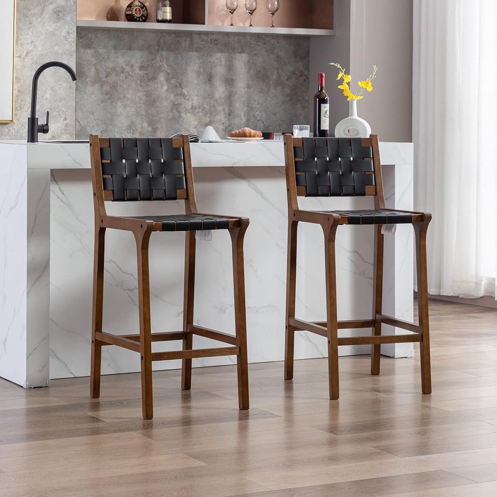 Home Bar Stools - 2'li Ahşap Bar Taburesi Seti, Siyah