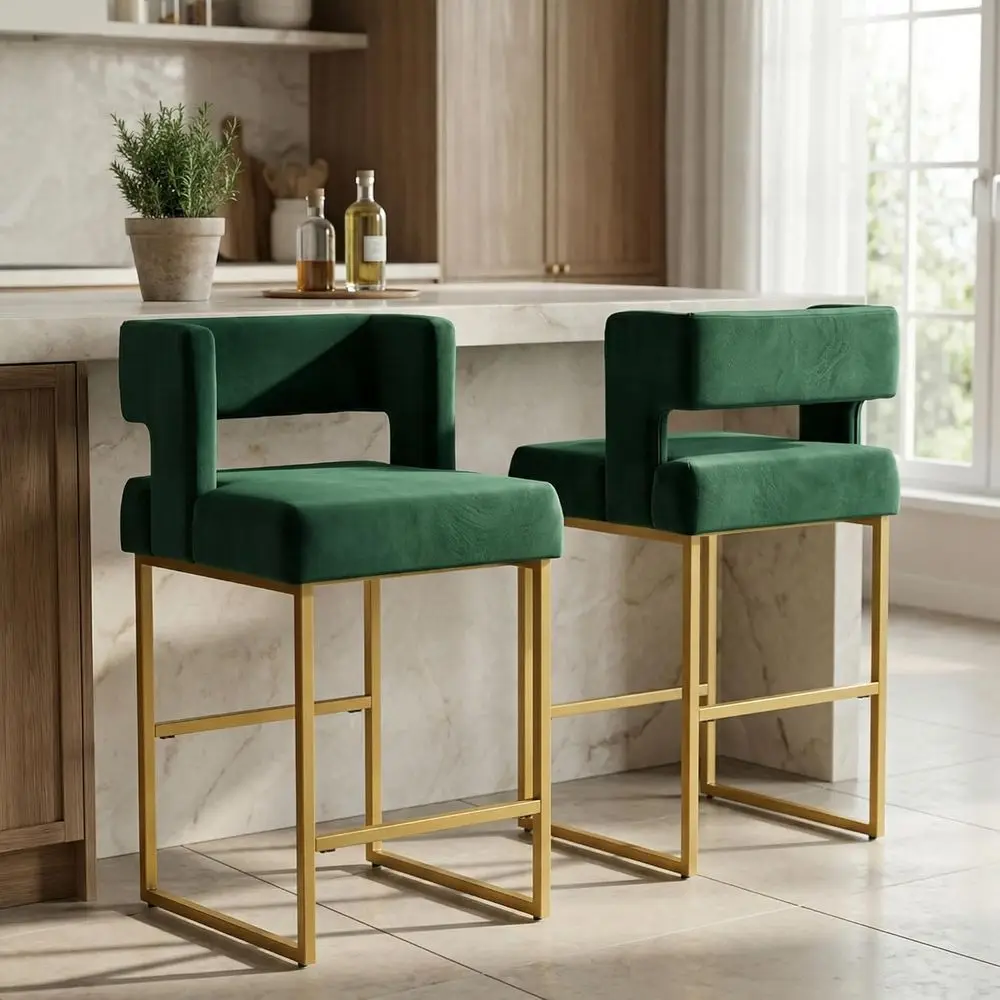 Home Bar Stools - 2'li Set Yeşil Kadife Bar Tabureleri,