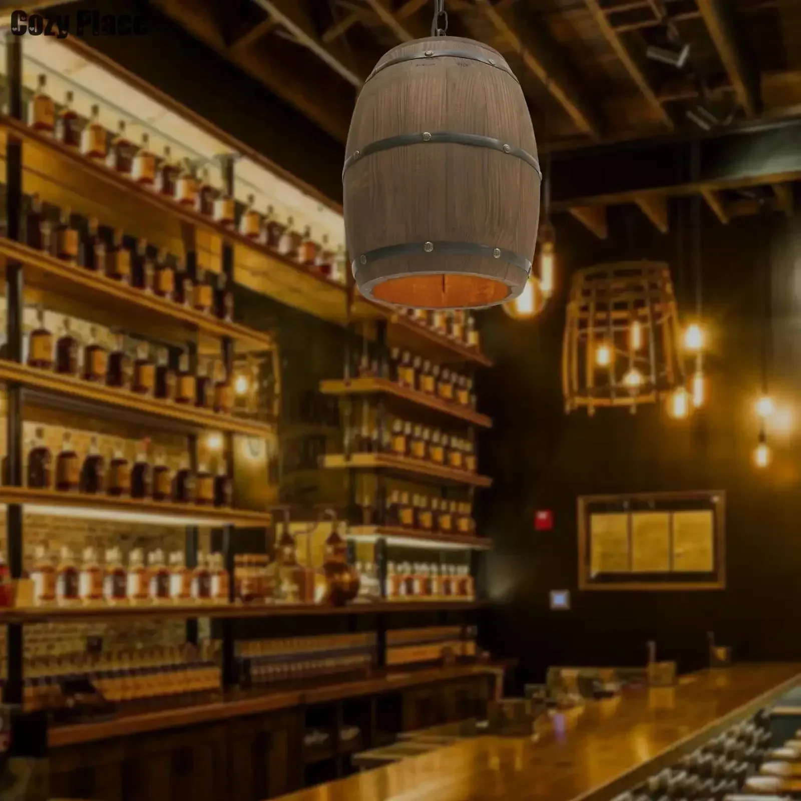 Home Bar Cafe - Rustik Lamba Vintage Avize Ahşap Sarkıt